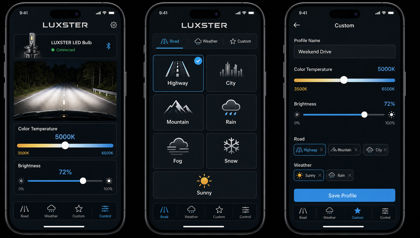 LUXSTER Light app controls for road modes, weather, color temperature, and brightness