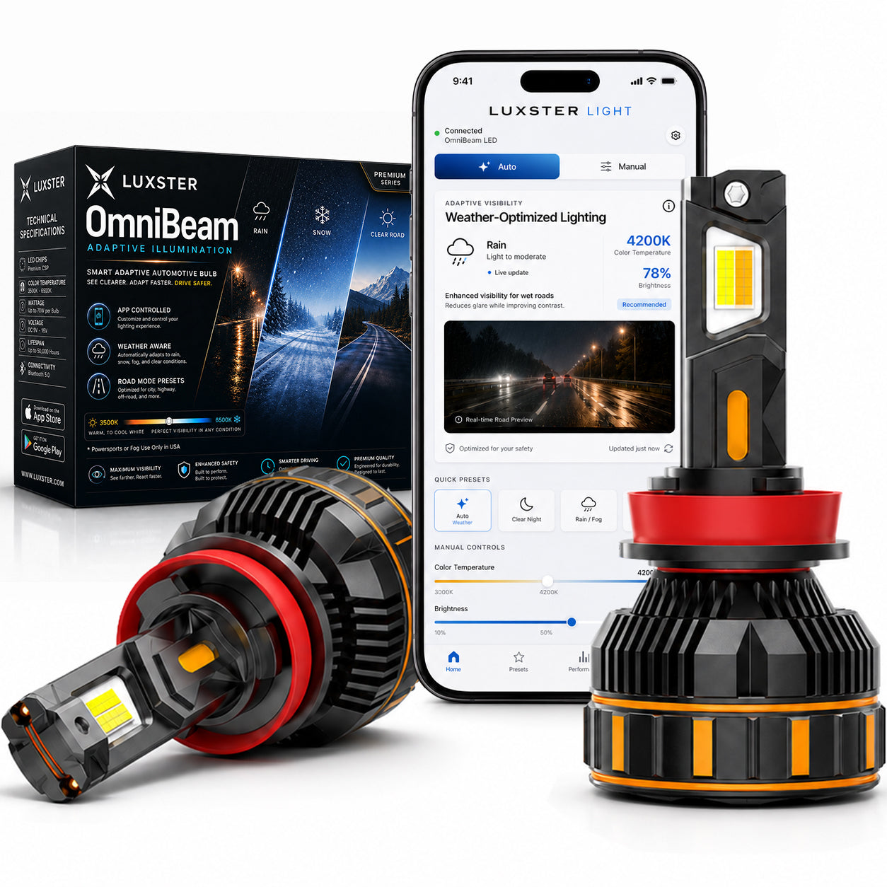LUXSTER OmniBeam bulbs, retail package, and LUXSTER LIGHT app