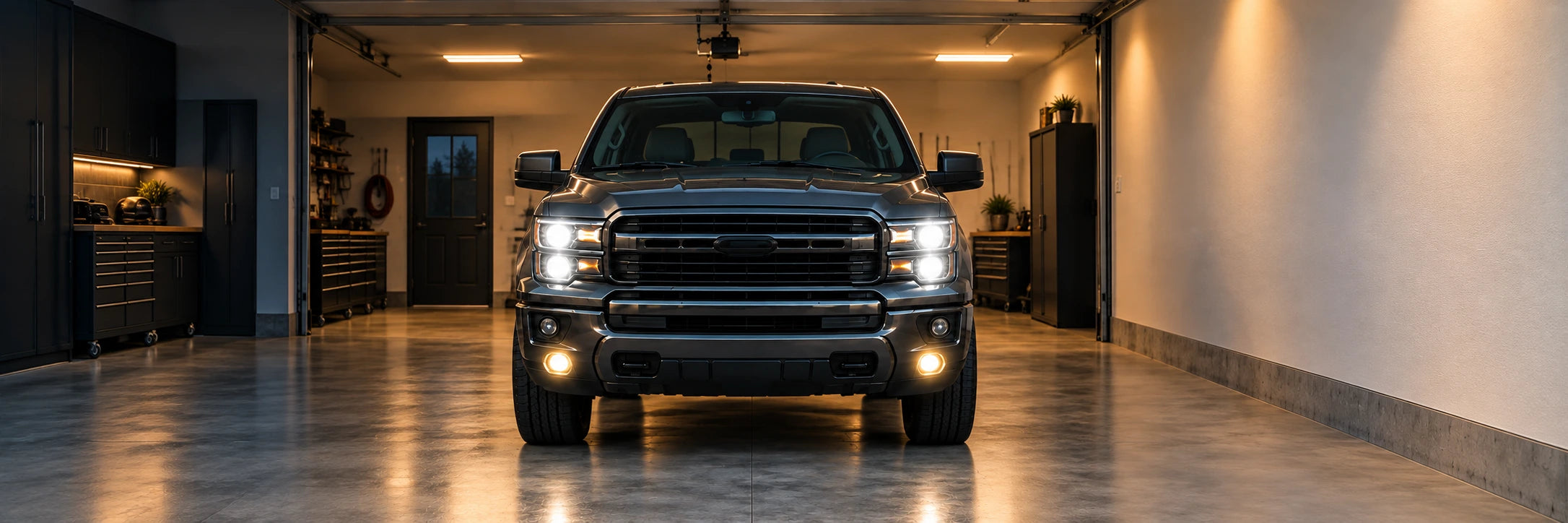 A pickup with different white light settings for its lighting positions