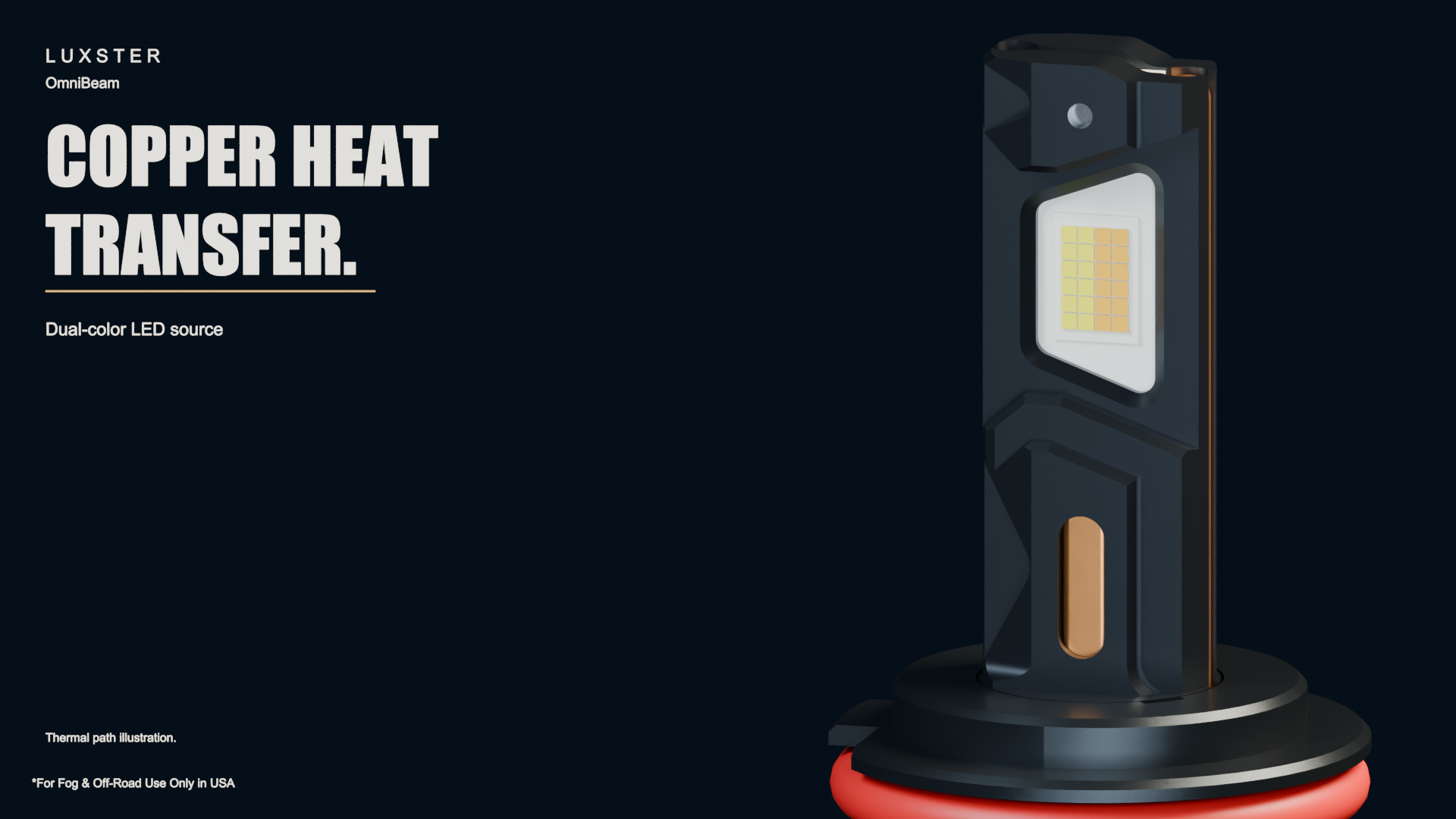 Close-up of the OmniBeam LED source and copper heat-transfer structure