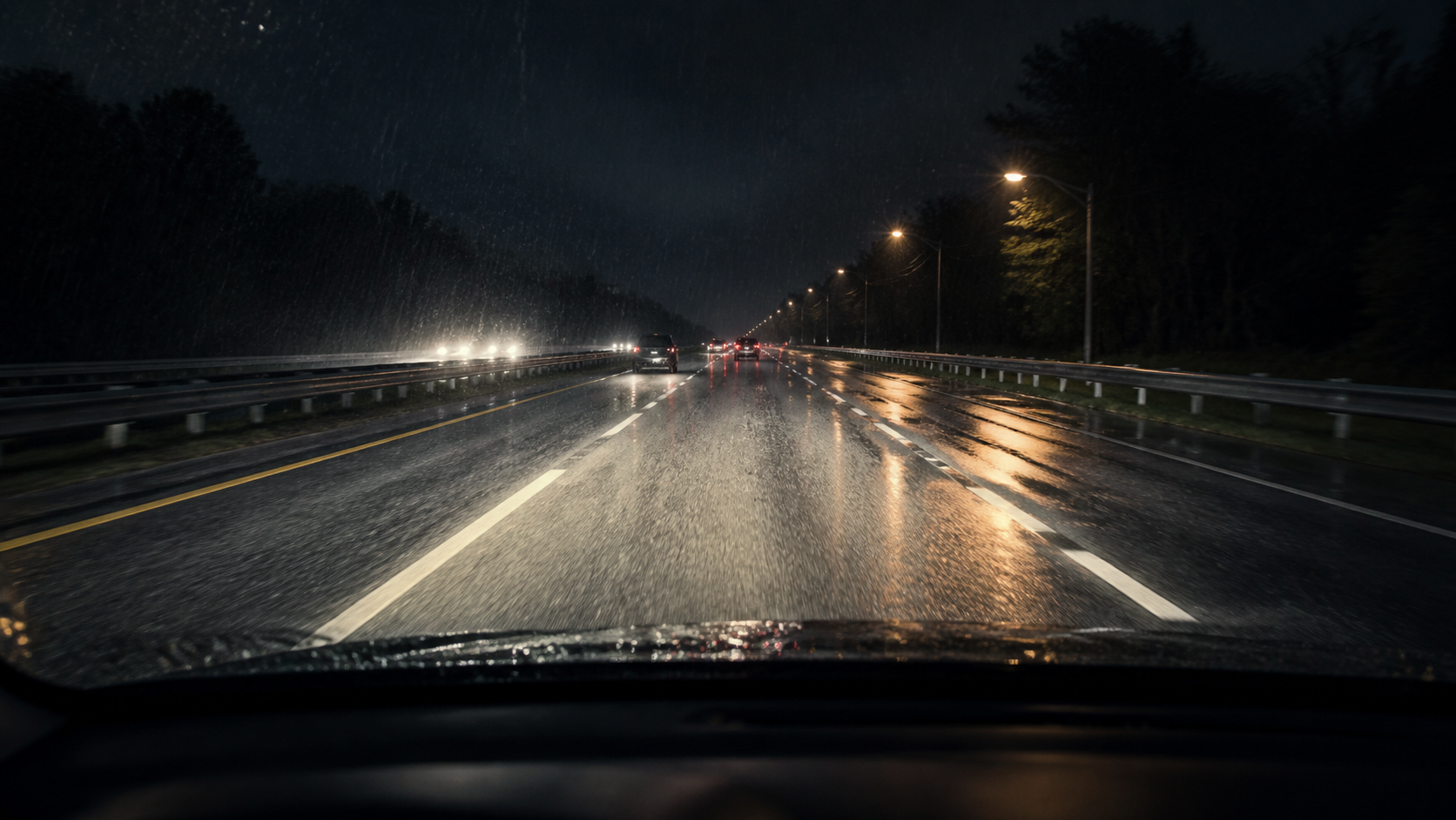 Wet road with warm white lighting